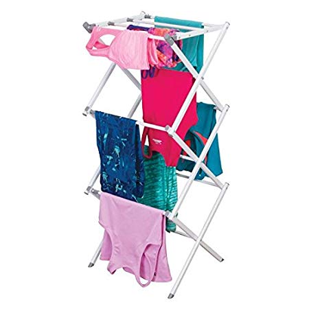 mDesign Pull-Out Clothes Dryer- Drying Rack With 3 Levels - Space-Saving Clothes Airer for Laundry Room and Household - Made of Sturdy Metal With Plastic Rods - White/Grey