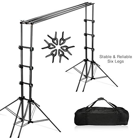 Julius Studio Double Stable 10 x 8.5 ft Photography Triple Backdrop Support System Kit with 6 Leg Support Stands, Extendable Cross Bar, Background Clamps, and Carry Bag, JSAG443.
