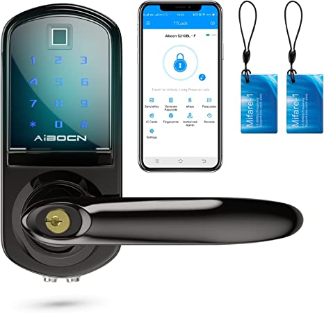 Aibocn Fingerprint Smart Lock, Keyless Entry Door Lock with Phone/Alexa Voice Control, Electronic Keypad Deadbolt with Handle, Weatherproof Lock with Fob, Password, Key, Smart Locks for Front Door