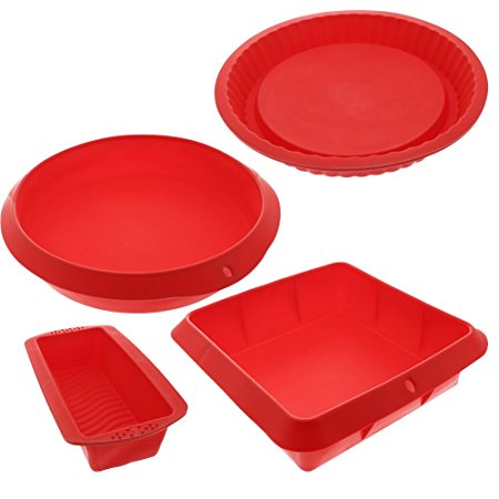 Silicone Baking Molds Set - 4 Nonstick Silicone Bakeware set with Round, Square, and Rectangular Pans for Pies, Cakes, Loaf, and More