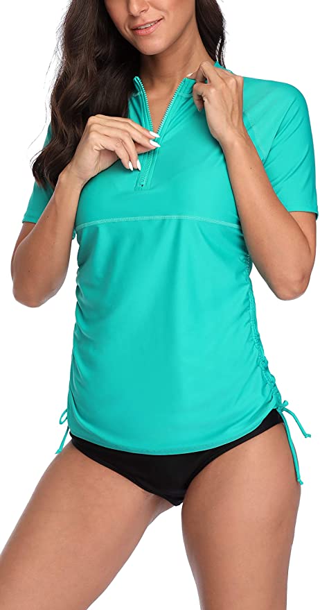 ATTRACO Women Short Sleeve Rash Guard Half-Zip Adjustable Side Drawstring UPF Swim Shirt