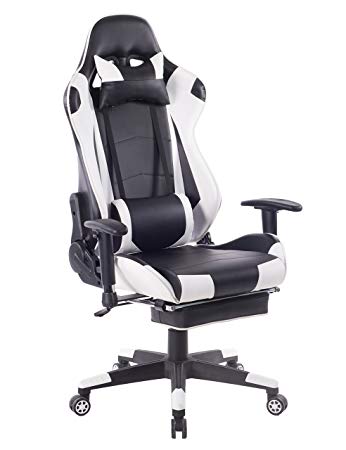HEALGEN Big and Tall Gaming Chair With Footrest PC Computer Video Game Chair Racing Gamer Pu Leather Chair High Back Swivel Executive Ergonomic Office Chair with Headrest Lumbar Support Cushion(White)