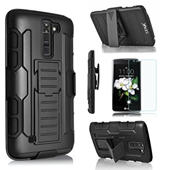 LG K10 Case, LG Premier LTE Case, Starshop [Heavy Duty] Dual Layers Kickstand Case With [0.33m 9H Tempered Glass Screen Protector Included] and Locking Belt Clip (Black)