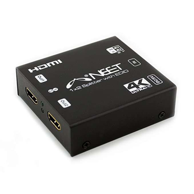 Neet® - 2 Way HDMI SPLITTER BOX HDCP v2.2 - 1x2 Port (1 input 2 output) HDMI 2.0 4k / 60 Hz With EDID   Smart HDCP - Active Amplifier - Display 4k Ultra HD on 2 TVs - 3D - Supports Sky Q