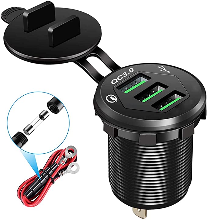 [Upgraded Version] 3 USB 3.0 Car Charger, 12V/24V 36W QC3.0 USB Charger Socket, 3 x USB 3.0 Socket Charger USB Outlet Fast Charge with 10A Wire Fuse Aluminum