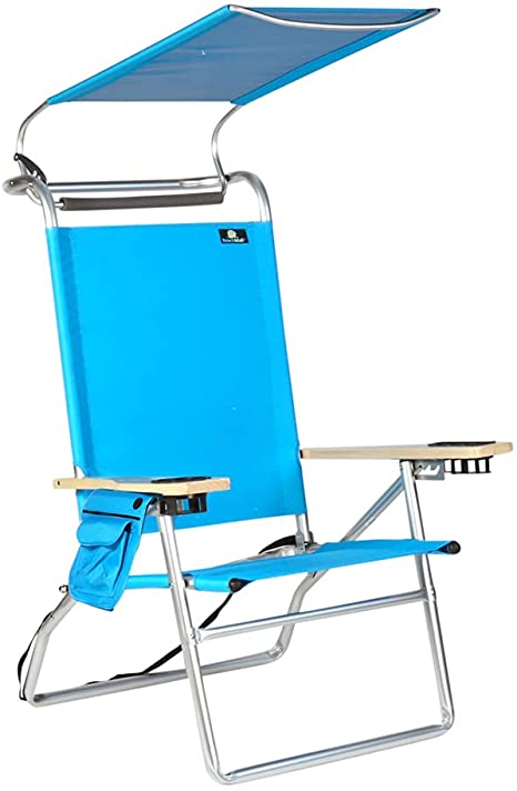 Deluxe 4 Reclining Positions Lightweight High Aluminum Beach Chair with Canopy Shade, Drink Holder, Storage Pouch