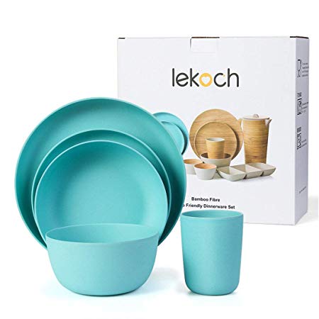 Lekoch Bamboo Tableware Set Eco-friendly Dinnerware 5-Piece Anti-bacterial (Dinner & Salad Plate Cup Large & Small Bowl) Dishwasher Safe