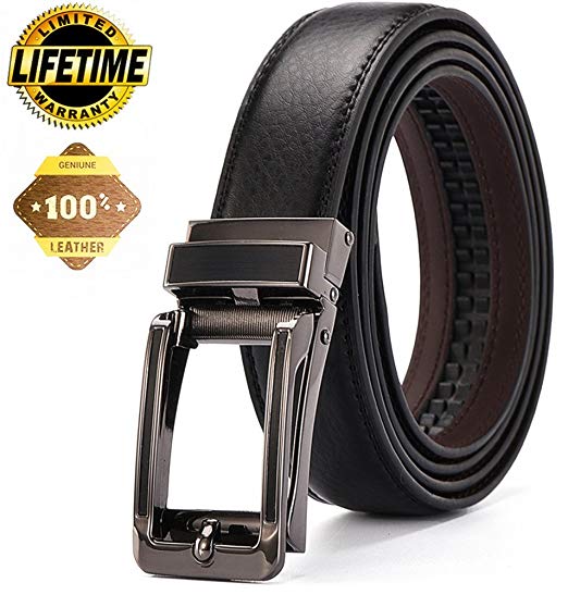 Men's Leather Ratchet Dress Belt - Automatic Slide Buckle Belt with Gift Box 1 1/8''