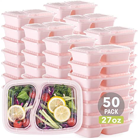 Vtopmart [50 Pack] 2 Compartment Meal Prep Containers, Reusable Food Storage Containers with Lids, BPA Free Stackable Food Prep Containers, Microwave/Dishwasher/Freezer Safe (27 Oz)