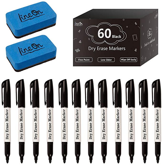 Dry Erase Markers, Lineon 60 Pack Black Whiteboard Markers with 2 Eraser, Fine Point Dry Erase Markers Perfect For Writing on Whiteboards, Dry-Erase Boards,Mirrors for School Office Home