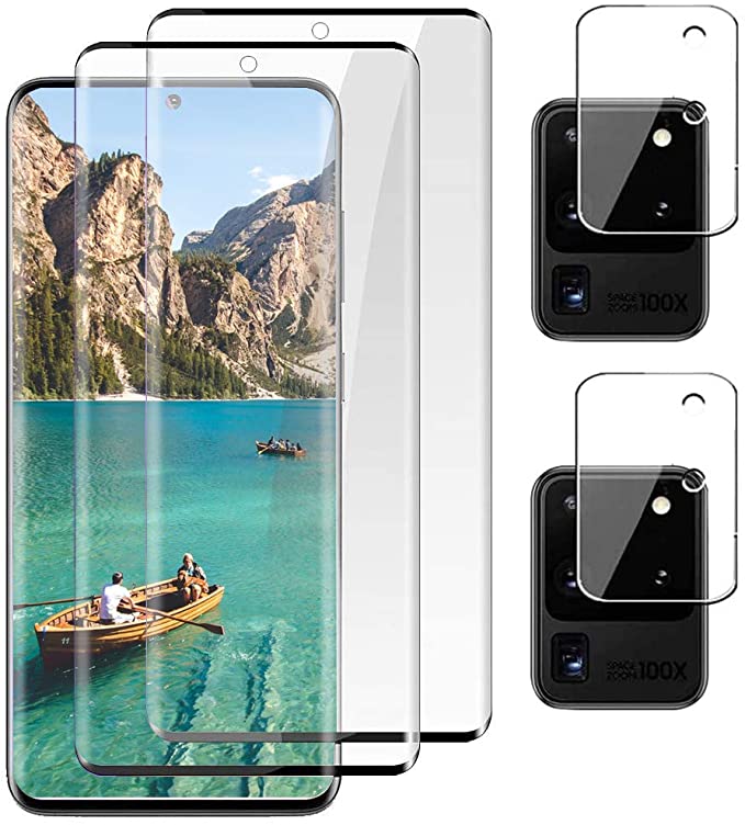 [2 2-Pack] Galaxy S20 Ultra Screen Protector, 9H Tempered Glass with Camera Lens Protector,Fingerprint Unlock,Anti-Scratch, 3D Curved HD Glass Film for Samsung S20 Ultra (6.9 Inch)