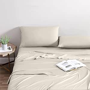 Mayfair Linen 100% Viscose Derived from Bamboo - Split King Sheets for Adjustable Bed - 5 Piece Bamboo Viscose Sheets, Silky Soft, Cooling Luxury Sheets, 16" Deep Pocket Fitted Sheet - Beige Sheet