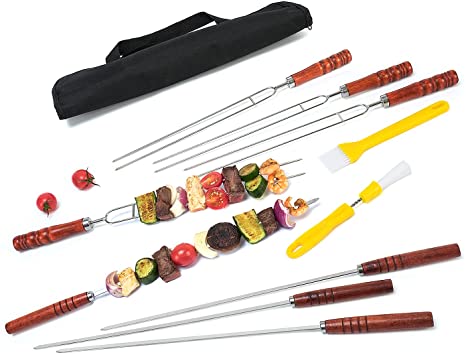 Monbix SK-70710 1/4 Inch Flat & U-Shaped Stainless Steel Kabob Skewers Each has 4Pcs, 16.5 Inch BBQ Skewers with Wooden Handle, Comes with Multi-Function Basting Brushes and Handy Storage Pouch