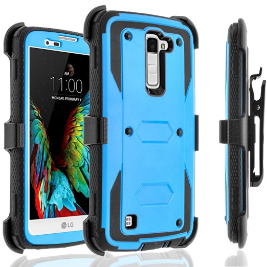 LG K10 Case, [SUPER GUARD] Dual Layer Hybrid Protective Cover With [Built-in Screen Protector] Holster Locking Belt Clip Circle(TM) Stylus Touch Screen Pen And Screen Protector Blue