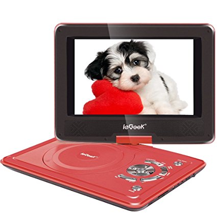 ieGeek 9.5" Portable DVD Player, 5 Hour Rechargeable Battery, Swivel Screen, Supports SD Card and USB, Direct Play in Formats AVI/RMVB/MP3/JPEG (Red)