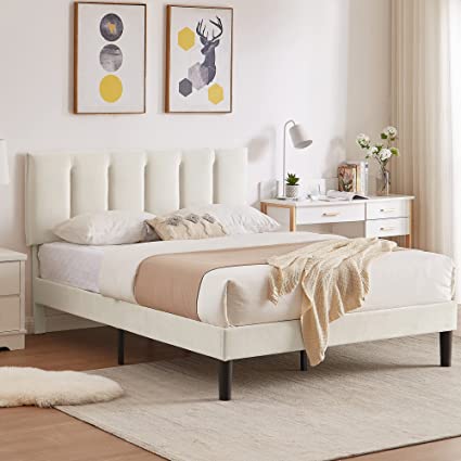 VECELO Full Bed Frames, Upholstered Platform Bedframe, Adjustable Headboard, Wood Slat Support, No Box Spring Needed, Easy Assembly, Beige