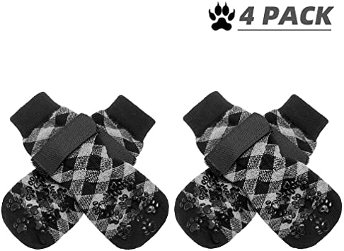 EXPAWLORER Double Side Anti-Slip Dog Socks - Classic Plaid Paw Protector with Strap Traction Control for Indoor on Hardwood Floor Wear Grey & Black Medium