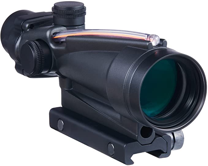 PINTY Fiber Optic Rifle Scope, 5x35 Red Fiber Illuminated Scope with Etched Chevron Reticle 35mm Objective Lens 5x Magnification, Real Fiber Optical Sight with Cantilever Mount Gun Accessory, Black