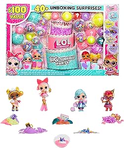 LOL Surprise Big Surprise Party with 4 Collectible Dolls, 40  Surprises, 100 Value, 6 Unboxing Experiences, Fashions, Sand, Gel Crush, Shell Smash, Fluff, Party Confetti, Crunch Beads, Gift for Girls