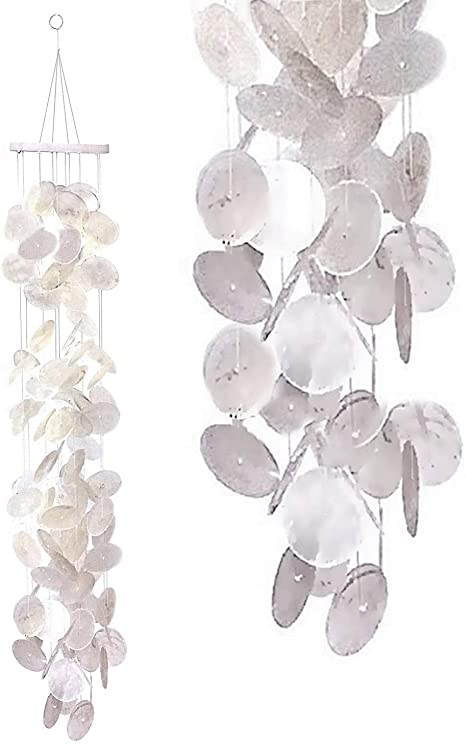 Bellaa 279256 Outdoor Patio Garden Wind Chimes Amazing Grace Quality Gifts for Mom Best Friends Grandma Teacher Mother in Law Soothing Tone Handmade Capiz Sea Shell Chimes Waterfall White 40 inch
