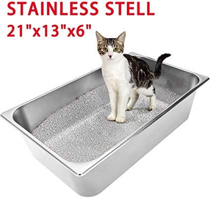 EXPAWLORER Stainless Steel Large Cat Litter Box - Non Stick, Durable and Smooth Surface Easy to Clean, Never Abosorbs Odor, Stains, or Rusts, XL Size with High Sides, Metal Pan for Cats and Rabbit