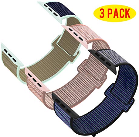 INTENY Pack 3 Compatible with Apple Watch Band 38mm 40mm 42mm 44mm, Sport Band Soft Breathable Nylon Replacement for iWatch Series 5/4/3/2/1
