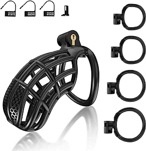 Male Chastity Device Cock Cage - UTIMI Lightweight Plastic Chastity Cage for Man Penis Exercise 3D Printed Black Bondage Gear Adult Sex Toy with 4 Sizes Removable Rings Invisible Lock and Key