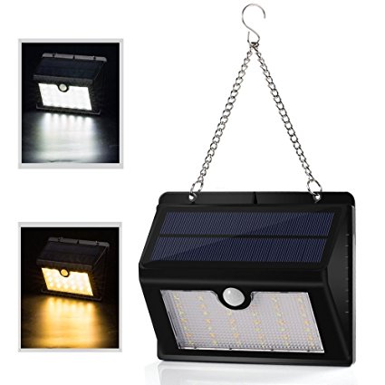 [Dual Color Light 300Lumens Max] 44LED Solar Outdoor Motion Lights-22LED with Cool Light-22LED with Warm Light, Bright Outdoor Lights with Hanging Hook, Wireless Exterior Security Lighting, 3Modes