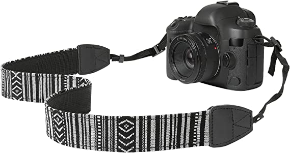 MoKo Camera Strap, Retro Cotton Canvas Woven Strap Universal Shoulder Neck Sling Belt for All DSLR/SLR Cameras Canon/Sony/Nikon, Adjustable Thin Strap for Adults & Kids, Black & White