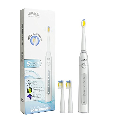 Sonic Toothbrush, Seago Waterproof Rechargeable Electric Toothbrush with 40000 Strokes/Min, 2 Minutes Smart Timer, 5 Brushing Modes, 30 Days Working Time and 3 Free Replacement Brush Heads - White