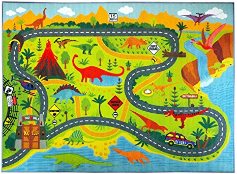 KC CUBS Playtime Collection Dinosaur Dino Safari Road Map Educational Learning & Game Area Rug Carpet for Kids and Children Bedrooms and Playroom (3'3" x 4'7")