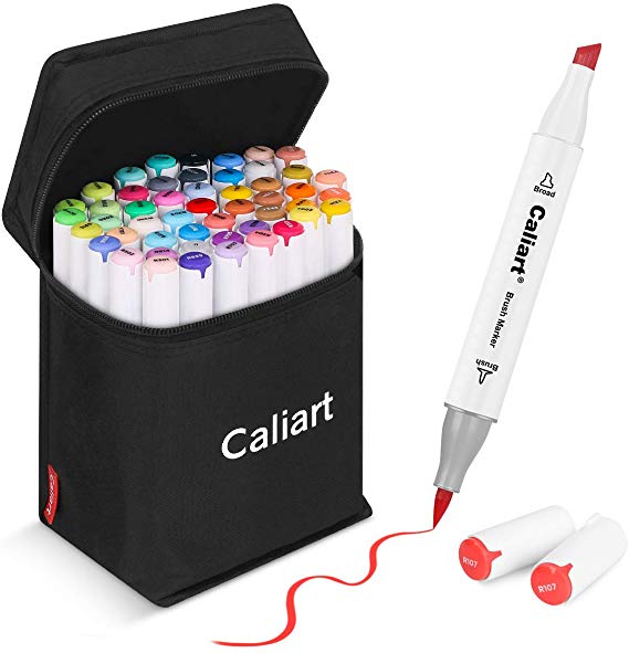 51 Colors Alcohol Brush Markers, Caliart Dual Tip (Brush & Chisel) Art Markers Permanent Sketch Markers for Adults Kids Coloring Artist Sketching Illustration Drawing Calligraphy, Bonus 1 Blender