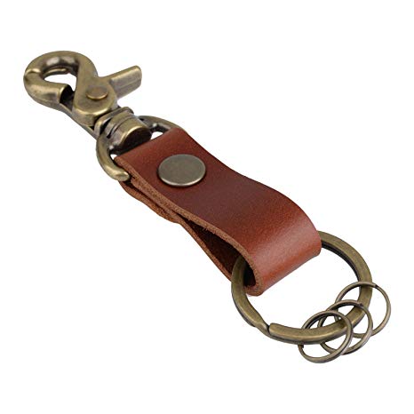 Richbud Genuine Leather Keychain Fob Scissor Swivel Hook Snap Solid Metal Bronze with 3 Detachable Key Rings Lanyard Handmade