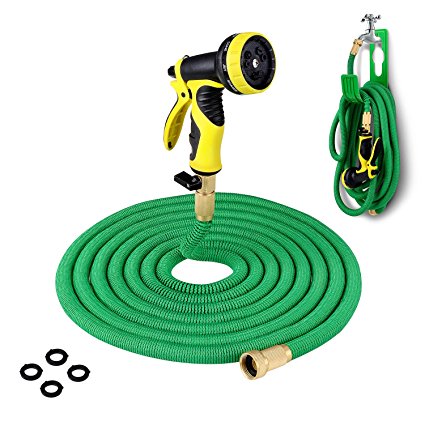 PLUSINNO Expandable Garden Water Hose FULL SET, Heavy Duty Expanding Hose Pipe with Shut Off Valve Solid Brass Connector, Hose Hanger and 9-pattern Spray Nozzle (75 Feet, Green)