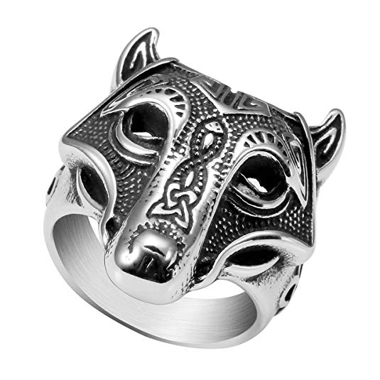 PiercingJ Stainless Steel Norse Viking Nordic Wolf Head Amulet Triquetra Trinity Celtic Knot Band Ring Animal Thor Hammer Man Signet Ring Jewelry Size 9-13