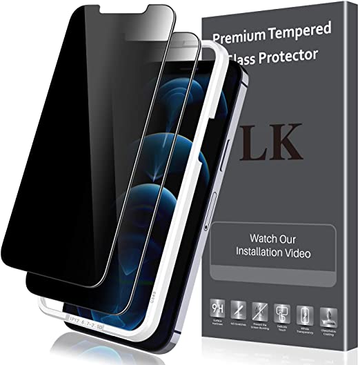 LK 2 Pack Privacy Tempered Glass Screen Protector Compatible with iPhone 12 Pro Max 6.7-inch 5G, Tempered Glass, HD Ultra-Thin, Come with Easy Frame Installation Tray - White