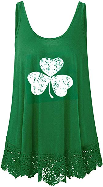 Womens St. Patrick's Day Cute Shamrock Clover Print  Tunic Lace Tops