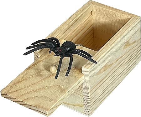 FunFamz Mini Spider Prank Box - Surprise Wooden Gag Gift, Perfect for Birthday, Christmas, Harmless Joke with Rubber Spider, Startling & Reusable Prank Kit