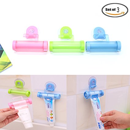 Pack Of 3 Rolling Toothpaste Squeezer and Hanger Gadget, Blue & Pink & Green