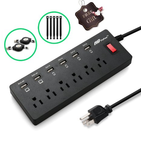 Power Strip FlePow 1625W13A 6-Outlet Surge Protector with 6 USB Charging Ports  18 Pin Retractable Cable for Iphone Ipad and 1 Micro USB Retractable Cable for Any Micro USB Powered Device