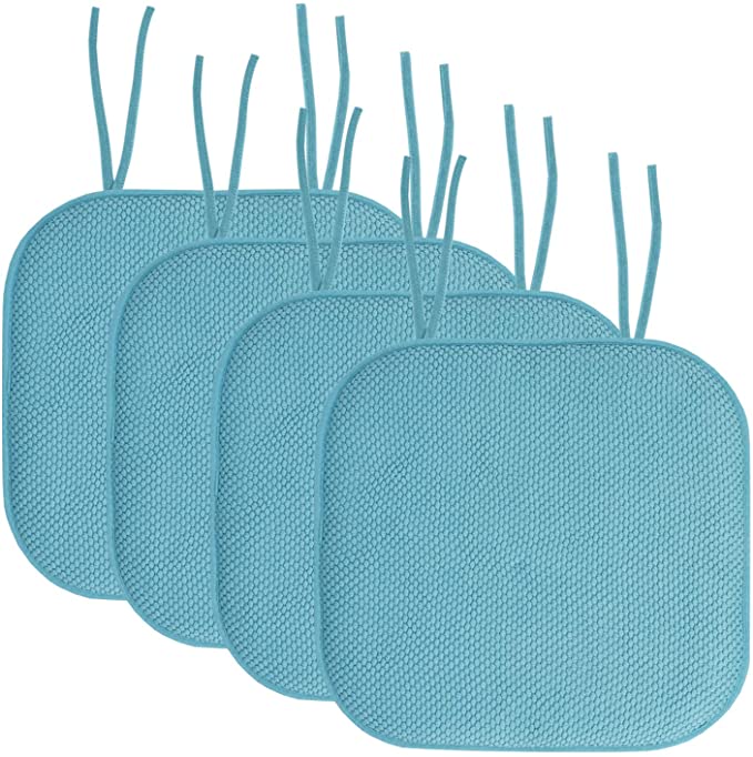 Sweet Home Collection Chair Cushion Memory Foam Pads with Ties Honeycomb Pattern Slip Non Skid Rubber Back Rounded Square 16" x 16" Seat Cover, 4 Pack, Teal 4 Pack