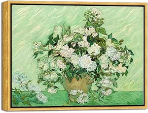 Wieco Art Framed Wall Art of Vase with Pink Roses by Vincent Van Gogh Oil Paintings Reproduction Abstract Canvas Prints for Home Living Room Decorations Bronze Gold Frame