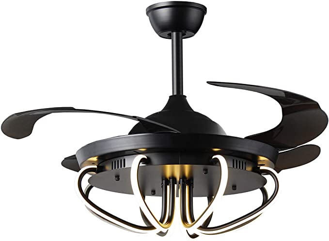 42 Inches Acrylic Retractable Blades Chandelier 8 Acrylic Bent Pipe LED Ceiling Fan 3 Light Color Quite Remote Control Not Dimmable (Black)
