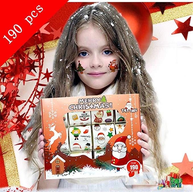 Over 190 Assorted Christmas Temporary Tattoo for Kids, Kalolary Cute Designs Stick on Children Tattoos
