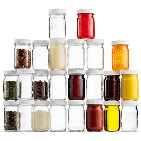 Small Glass Mason Jars 4 Ounce Mini Jars 24-Pack Full-Width Mouth, BPA Free Plastic Airtight Lid, For Jam, Jelly, Dressings, baby food, Crafts, Spices, Dry Food Storage, Wedding favors, Decorating Jar