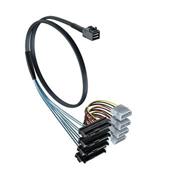 #10Gtek# Internal Mini-SAS HD SFF-8643 to (4) 29-Pin SAS (SFF-8482) Fan-Out SAS Cable with IDE Molex 4Pin SATA Power, 12Gb/s, 1-m(3.3 ft)