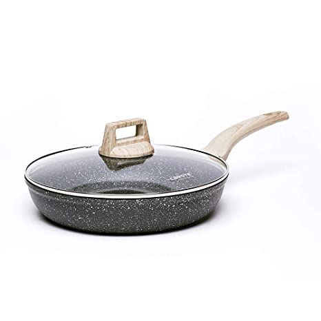 Carote 24cm Non-Stick Frying Pan with Glass Lid, Granite Coating from Switzerland, PFOA Free, Wood Effect Bakelite Handle, All Stove Compatible Including Induction&Gas(Gift Wooden Turner)