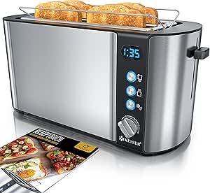 KESSER® Toaster mit Brötchenaufsatz, Automatik-Langschlitztoaster mit 6 Bräunungsstufen   Auftau- & Aufwärmefunktion, Abschaltautomatik, Liftfunktion, inkl. Krümelblech und Rezeptbuch Silber