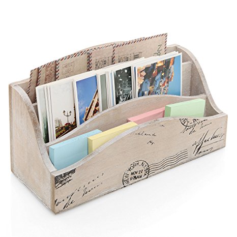 Beige Vintage Style Postcard Design Wood Mail Sorter / Desktop Office Supply Storage Box