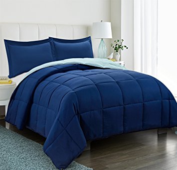 2pc Down Alternative Comforter Set -All Season Reversible Comforter with Two Shams - Quilted Duvet Insert with Corner Tabs -Box Stitched –Hypoallergenic, Soft, Fluffy (Twin/Twin XL, Navy /Light Blue)